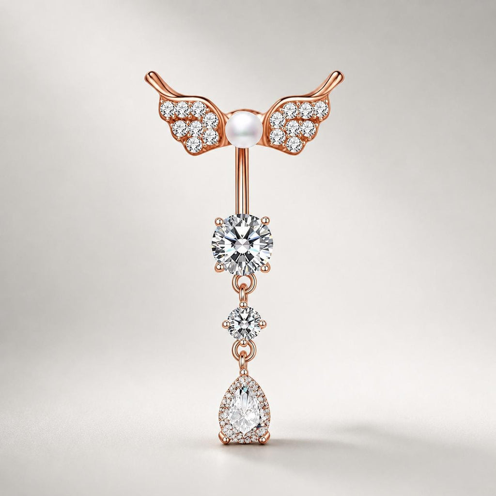ASTM F136 Titanium Angel Wing Belly Button Ring｜14G Navel Piercing｜Dangle CZ Navel Ring｜Implant Grade Titanium Jewelry
