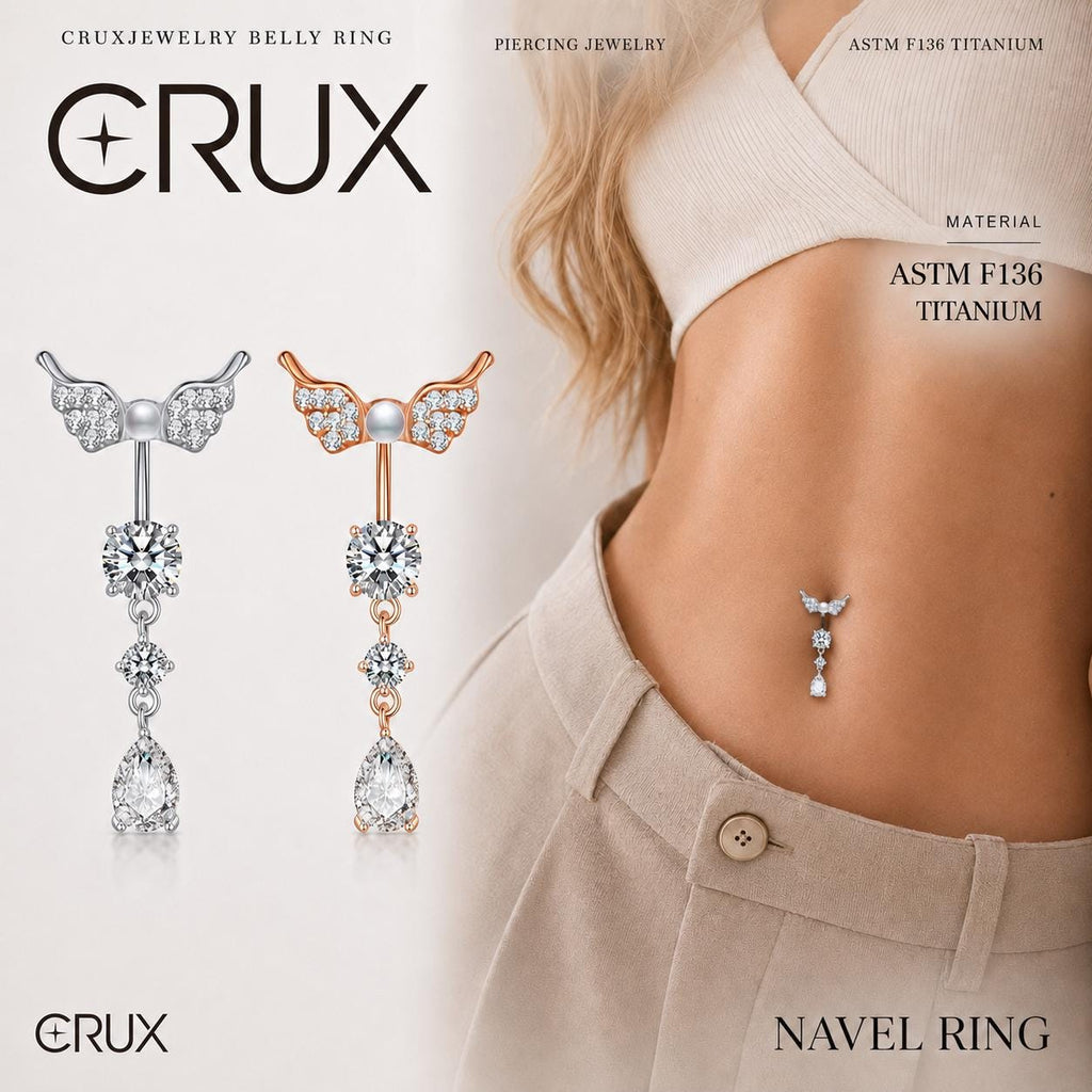 ASTM F136 Titanium Angel Wing Belly Button Ring｜14G Navel Piercing｜Dangle CZ Navel Ring｜Implant Grade Titanium Jewelry