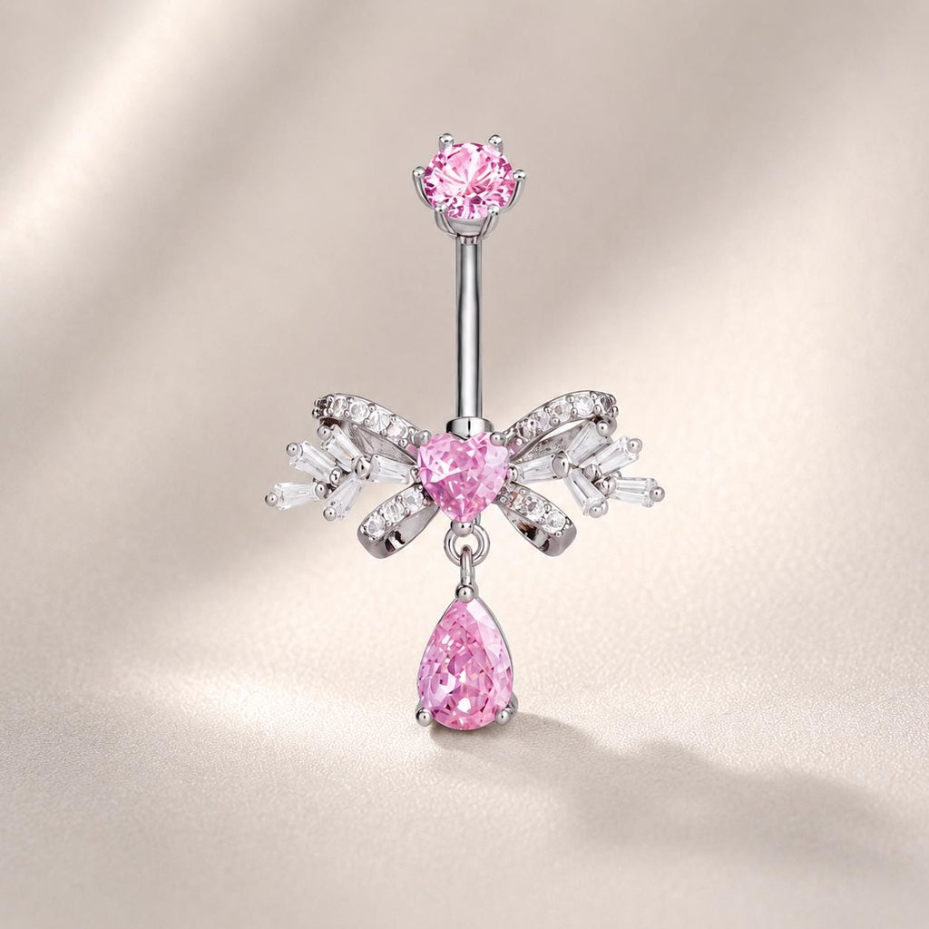 ASTM F136 Titanium Bowknot Belly Button Ring｜14G Navel Piercing｜Dangle Teardrop CZ Navel Ring｜Implant Grade Titanium Jewelry