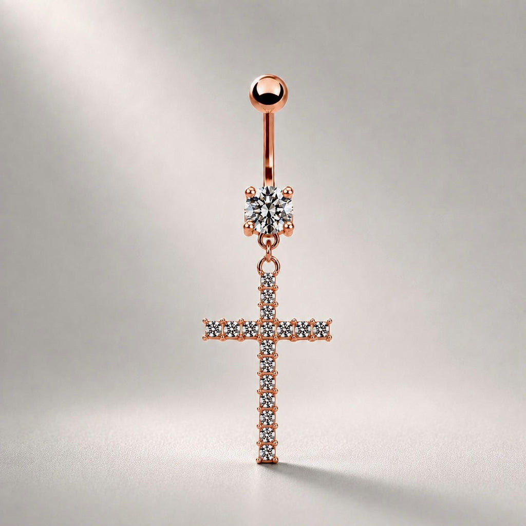 F136 Titanium Cross Belly Button Ring ｜ 14G Navel Piercing ｜ CZ Dangle Navel Ring ｜ Externally Threaded ｜ Gothic Jewelry