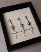 F136 Titanium Cross Belly Button Ring ｜ 14G Navel Piercing ｜ CZ Dangle Navel Ring ｜ Externally Threaded ｜ Gothic Jewelry