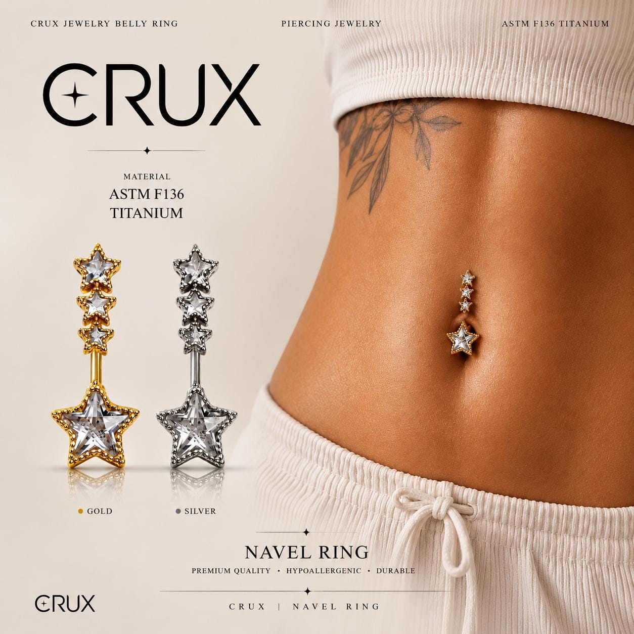 ASTM F136 Titanium Star Belly Button Ring｜14G Navel Piercing｜CZ Star Dangle Navel Ring｜Externally Threaded｜Y2K Jewelry