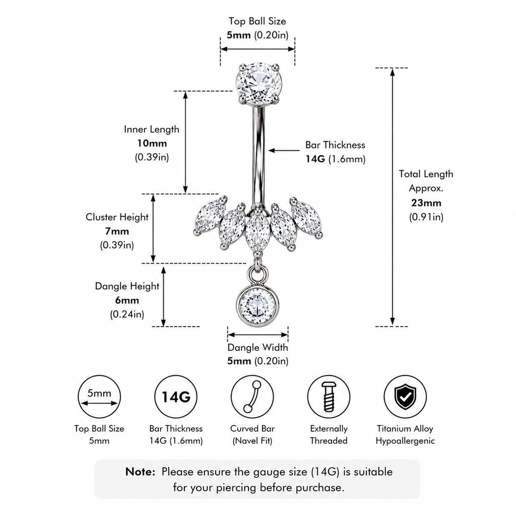 ASTM F136 Titanium Leaf Belly Button Ring｜14G Navel Piercing｜CZ Leaf Dangle Navel Ring｜Externally Threaded｜Y2K Jewelry