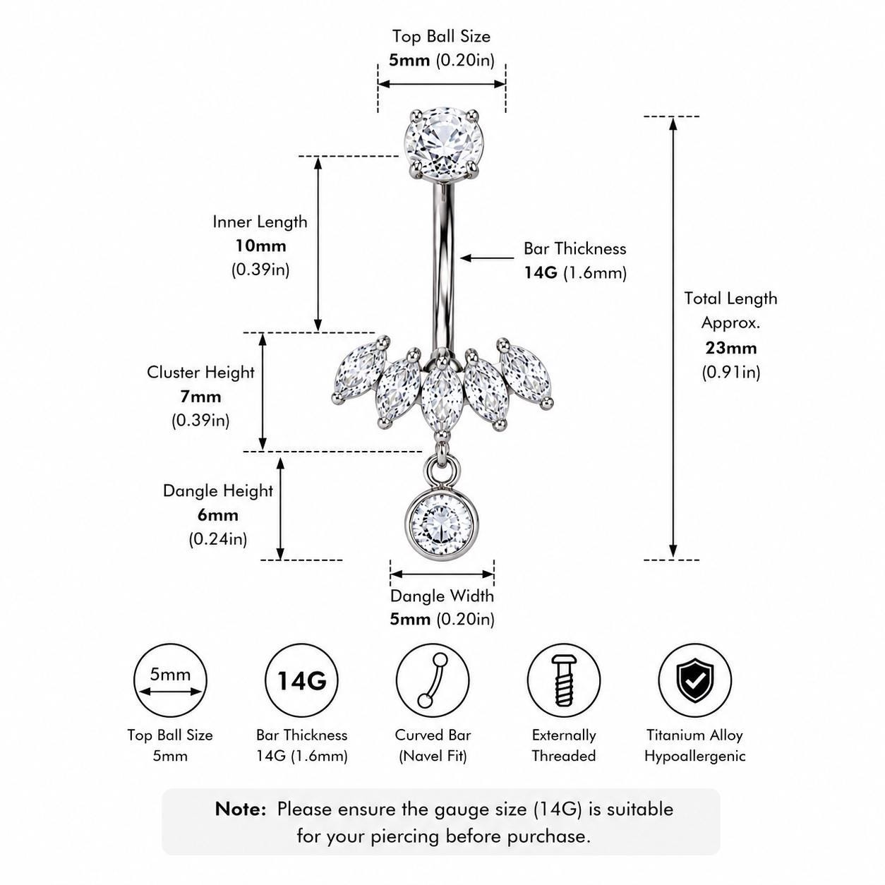 ASTM F136 Titanium Leaf Belly Button Ring｜14G Navel Piercing｜CZ Leaf Dangle Navel Ring｜Externally Threaded｜Y2K Jewelry