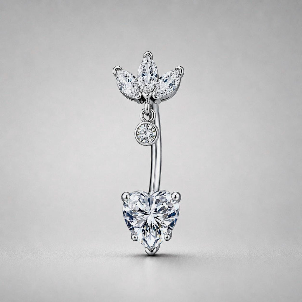 ASTM F136 Titanium Leaf Dangle Belly Ring｜14G Navel Piercing｜CZ Heart Crystal Navel Jewelry｜Externally Threaded｜Gift for Her