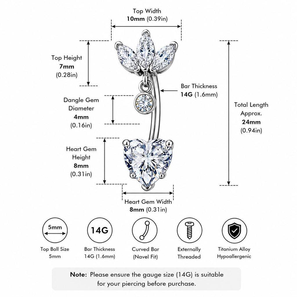 ASTM F136 Titanium Leaf Dangle Belly Ring｜14G Navel Piercing｜CZ Heart Crystal Navel Jewelry｜Externally Threaded｜Gift for Her