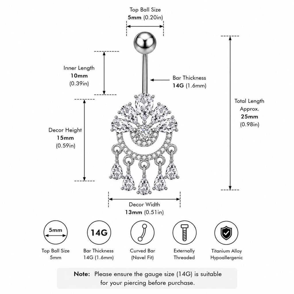 ASTM F136 Titanium Crown Belly Button Ring｜14G Navel Piercing｜CZ Chandelier Dangle Navel Ring｜Externally Threaded｜Gothic Jewelry