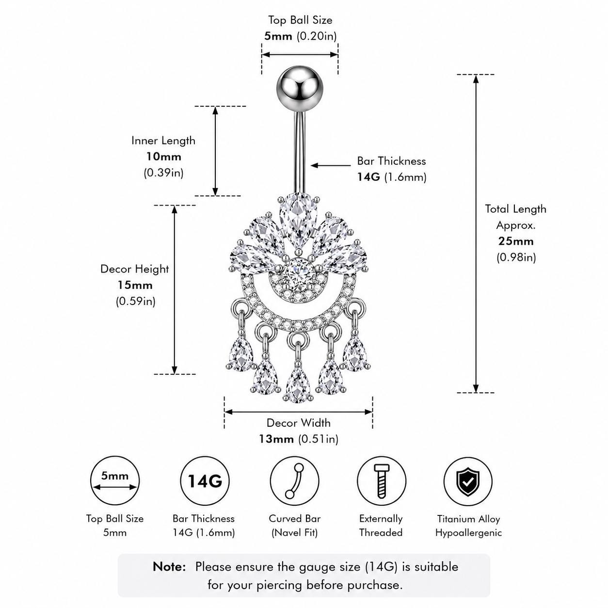 ASTM F136 Titanium Crown Belly Button Ring｜14G Navel Piercing｜CZ Chandelier Dangle Navel Ring｜Externally Threaded｜Gothic Jewelry