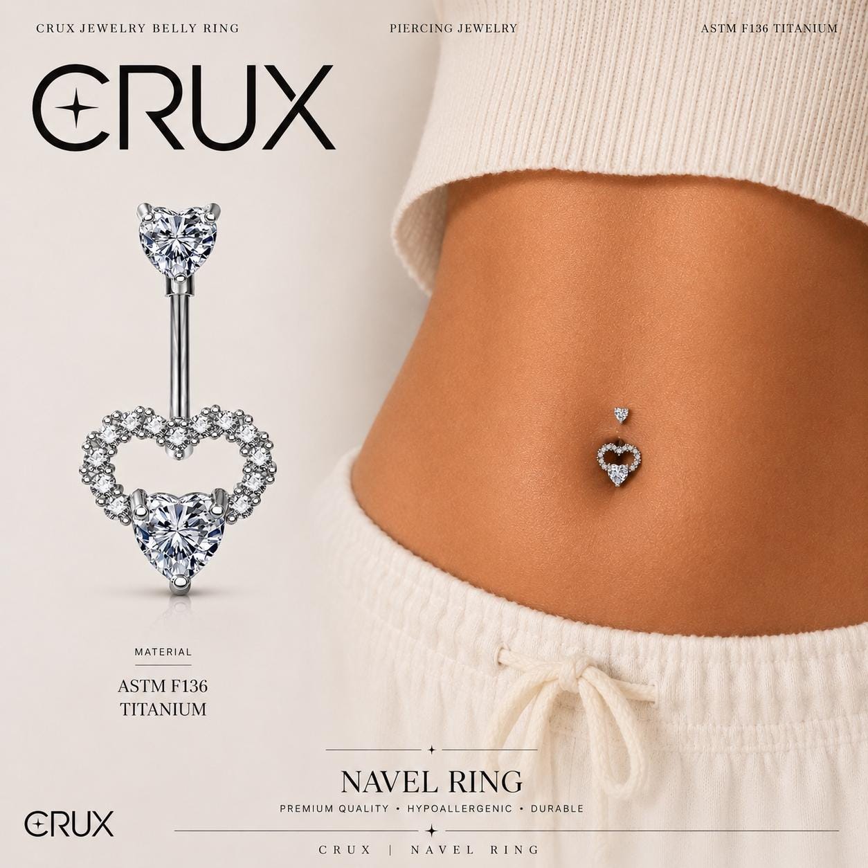 ASTM F136 Titanium Heart Belly Button Ring｜14G Anti-Gravity Navel Ring｜CZ Double Heart Navel Ring｜Gift For Her