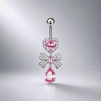 ASTM F136 Titanium Heart Bow Belly Button Ring｜14G Navel Piercing｜CZ Bow Dangle Navel Ring｜Externally Threaded｜Gift For Her