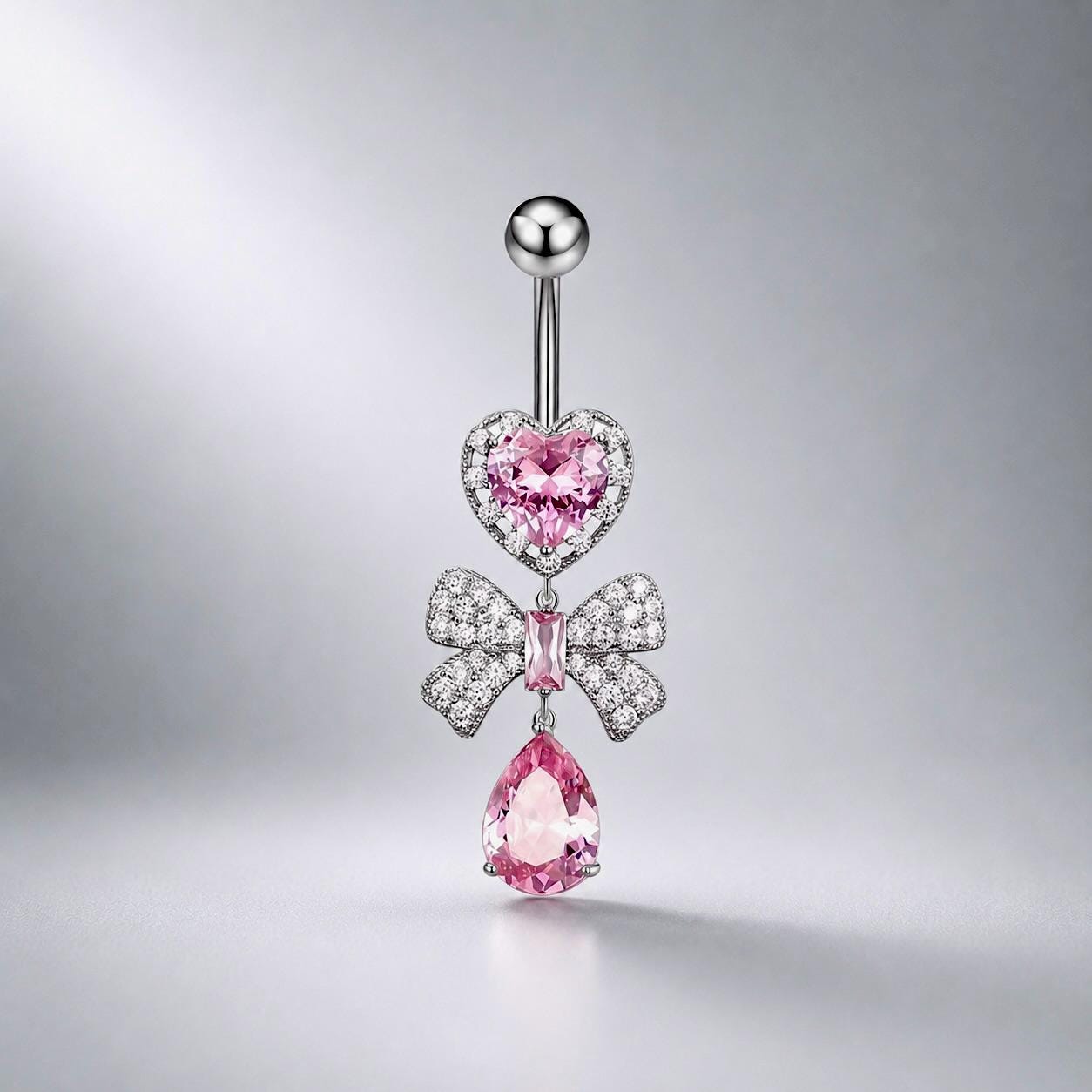 ASTM F136 Titanium Heart Bow Belly Button Ring｜14G Navel Piercing｜CZ Bow Dangle Navel Ring｜Externally Threaded｜Gift For Her