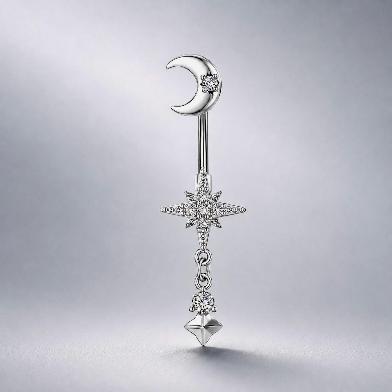 ASTM F136 Titanium Moon Star Belly Button Ring｜14G Navel Piercing｜CZ Celestial Dangle Navel Ring｜Externally Threaded｜Gothic Jewelry