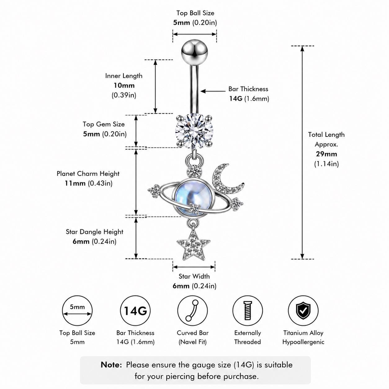 ASTM F136 Titanium Planet Belly Button Ring｜14G Navel Piercing｜Opal Moon Star Dangle Navel Ring｜Gift For Her