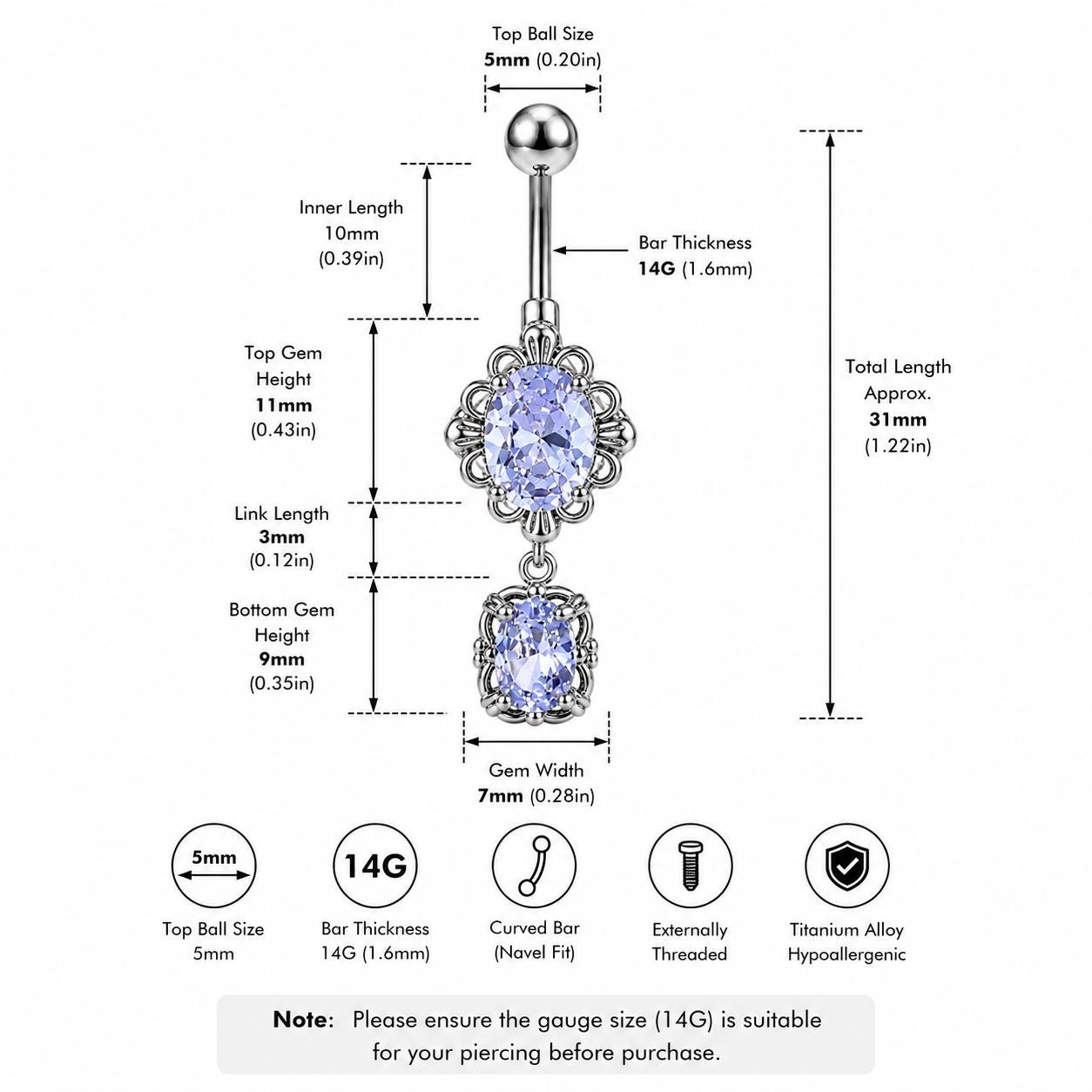ASTM F136 Titanium Purple Gem Belly Button Ring｜14G Navel Piercing｜CZ Oval Dangle Navel Ring｜Externally Threaded｜Y2K Jewelry