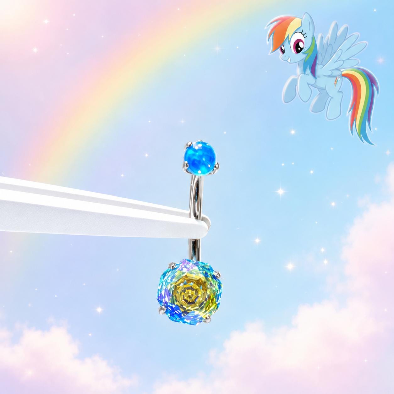 F136 Titanium My Little Pony Gradient Opal Belly Button Ring | 14G Pony Navel Piercing | Hypoallergenic Rose Cut Opal Belly Ring