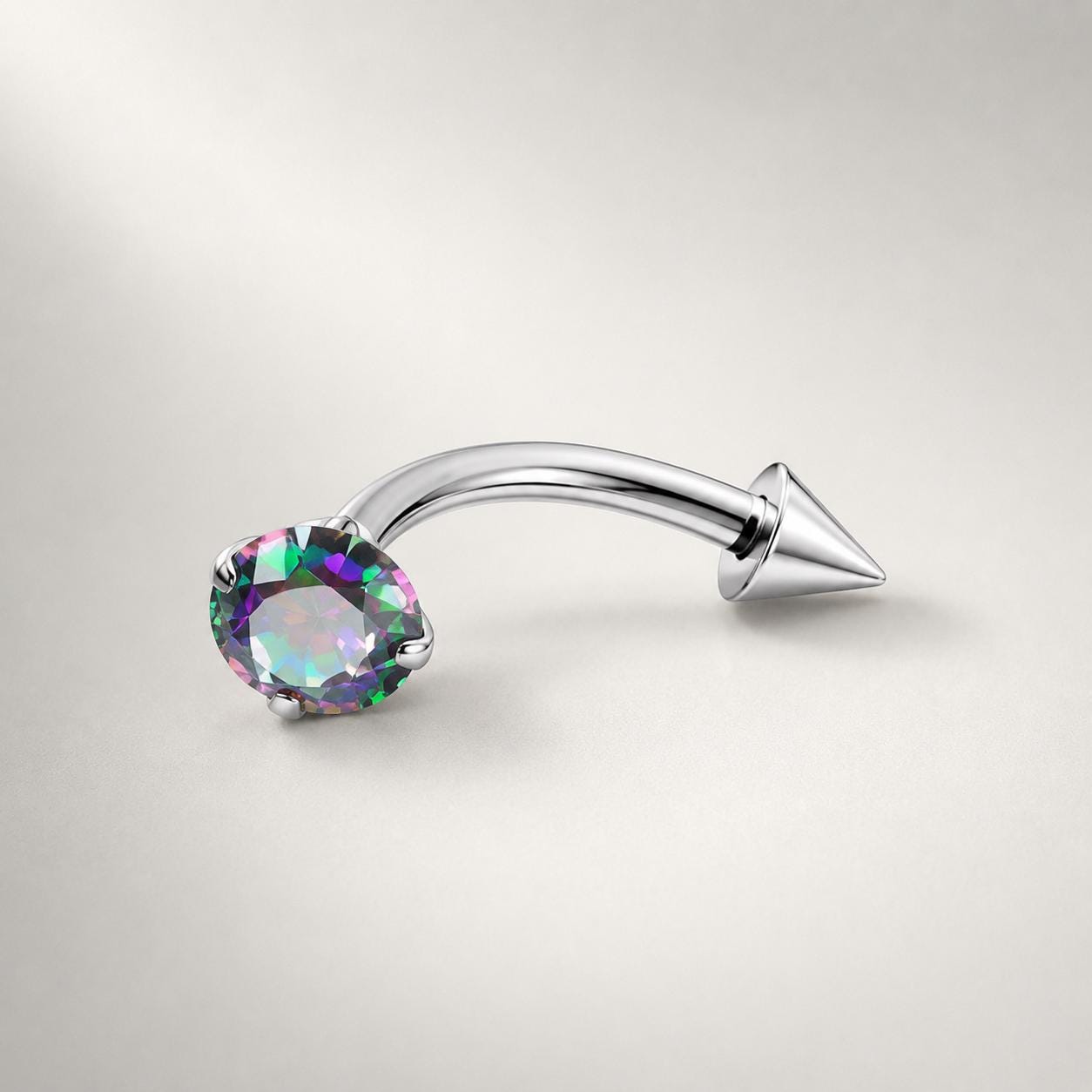 ASTM F136 Titanium Spike CZ Eyebrow Ring, 16G Curved Barbell, Clear Gem Cone Brow Piercing Jewelry, Rook Vertical Labret