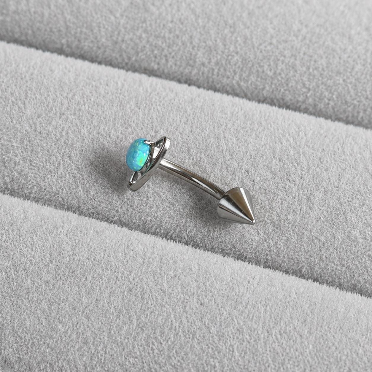 ASTM F136 Titanium Planet Opal Eyebrow Ring, 16G Curved Barbell, Saturn Orbit Cone Spike Brow Piercing Jewelry, Celestial Rook Labret