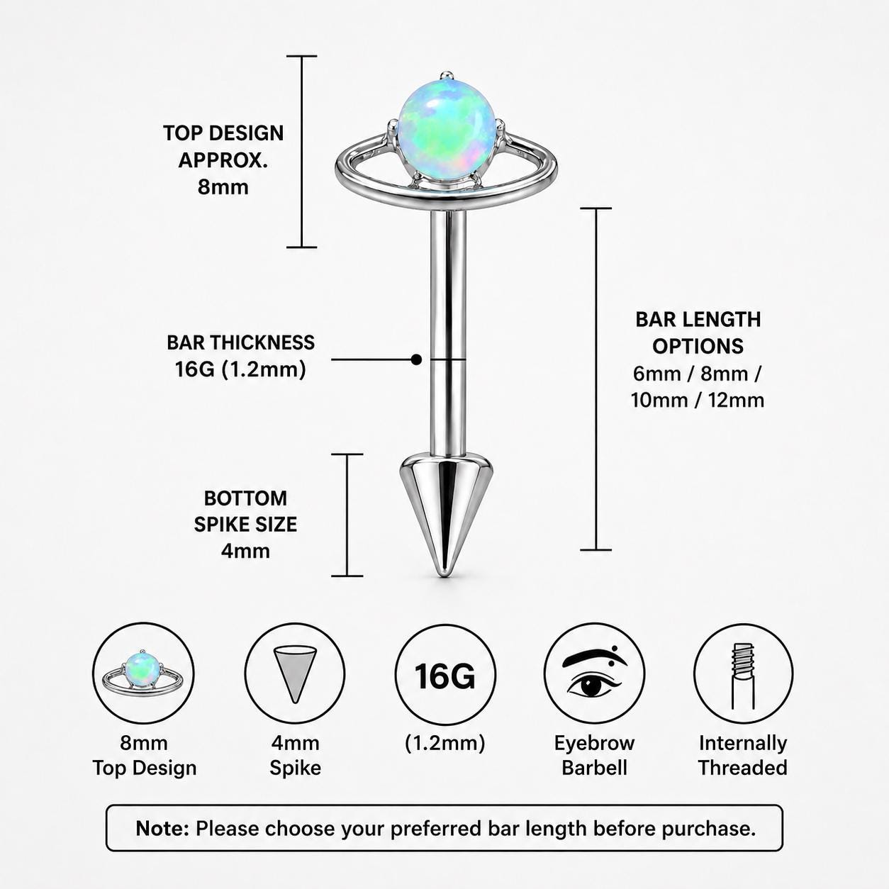ASTM F136 Titanium Planet Opal Eyebrow Ring, 16G Curved Barbell, Saturn Orbit Cone Spike Brow Piercing Jewelry, Celestial Rook Labret