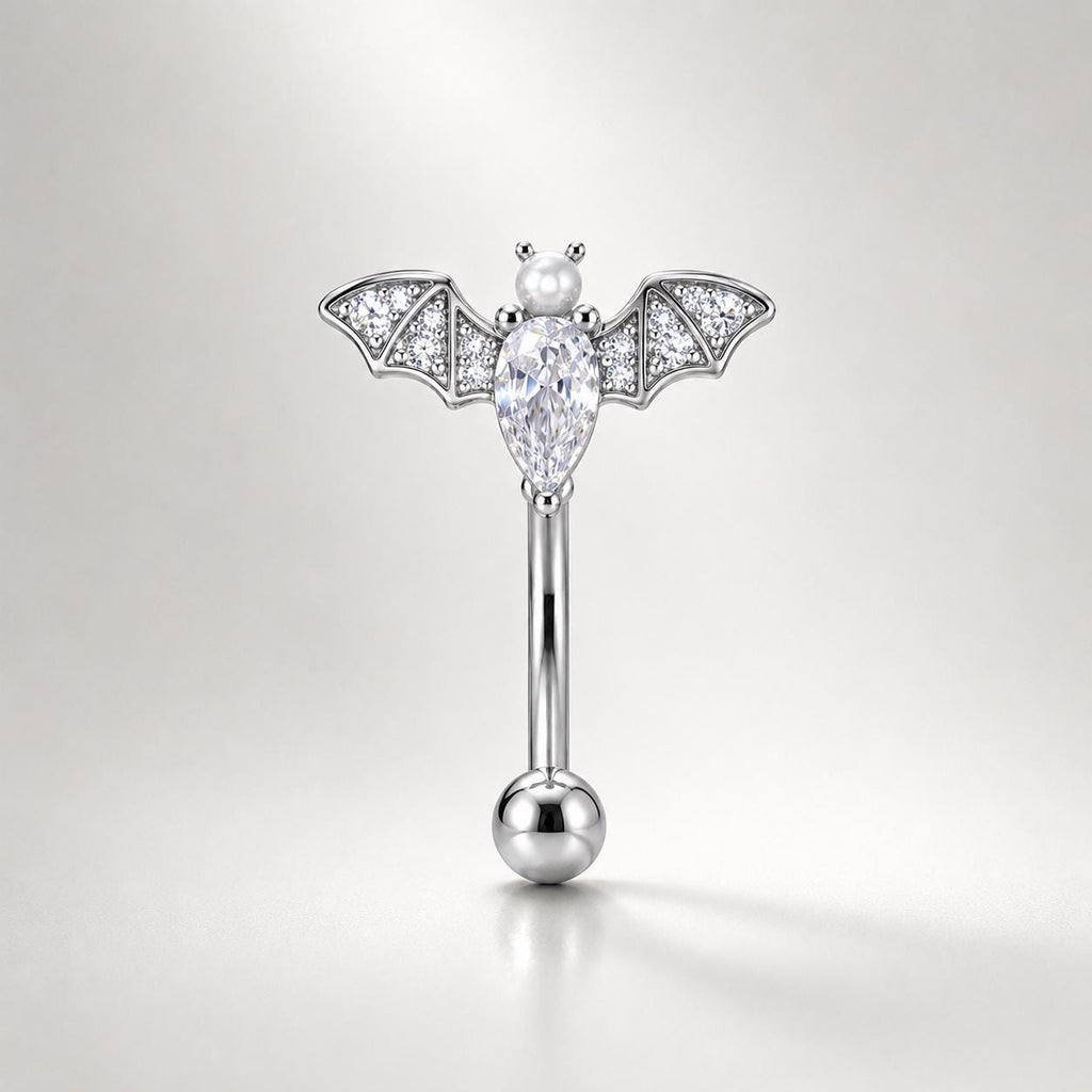 ASTM F136 Titanium Bat Eyebrow Ring, 16G Curved Barbell, Pearl CZ Wing Brow Piercing Jewelry, Gothic Eyebrow Piercing