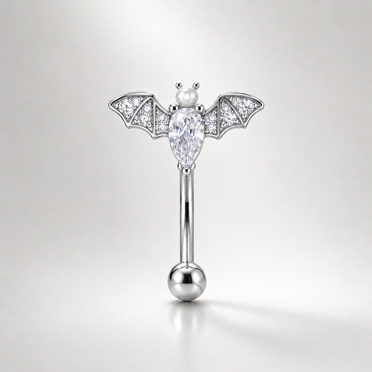 ASTM F136 Titanium Bat Eyebrow Ring, 16G Curved Barbell, Pearl CZ Wing Brow Piercing Jewelry, Gothic Eyebrow Piercing