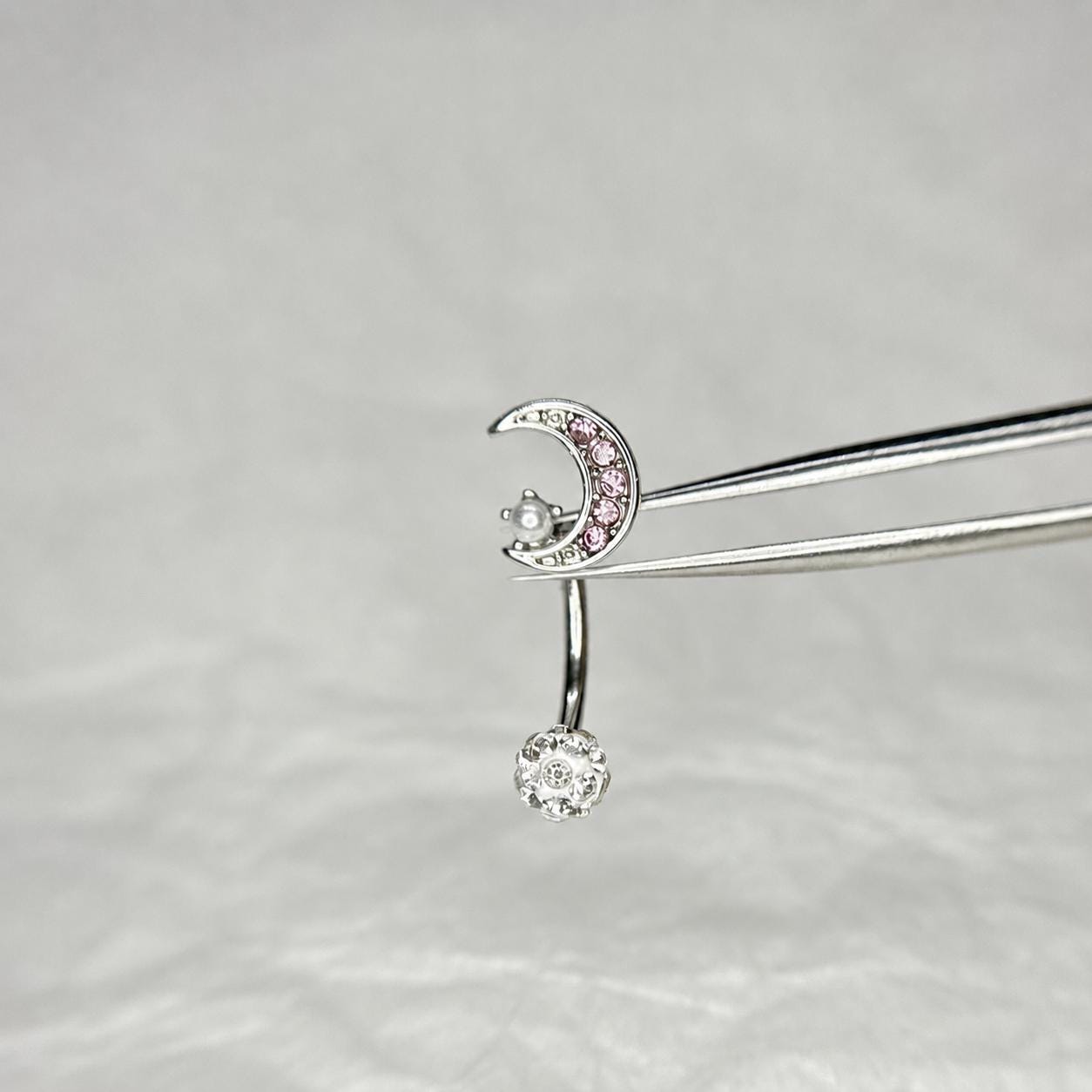 ASTM F136 Titanium Moon Pearl Eyebrow Ring, 16G Straight Barbell, Pink CZ Crescent Brow Piercing Jewelry, Rook Vertical Labret