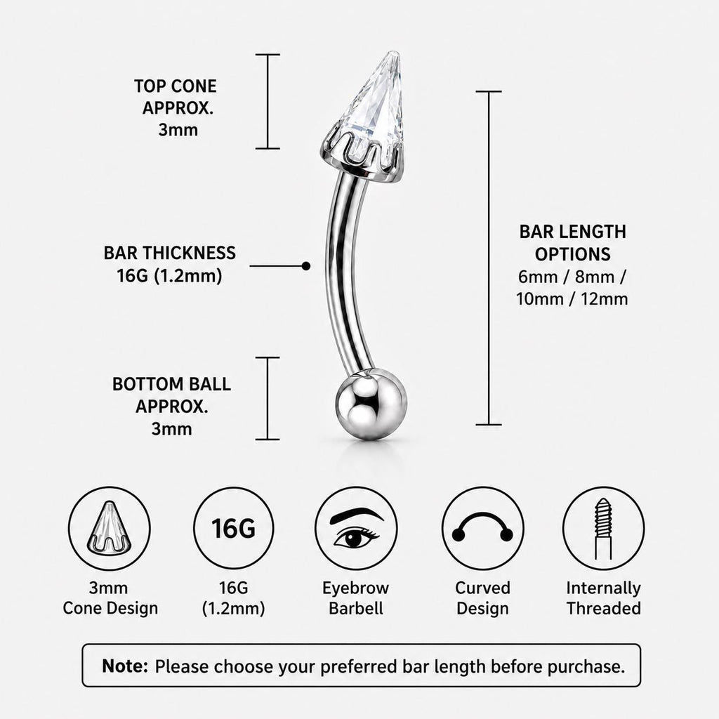 ASTM F136 Titanium Crystal Spike Eyebrow Ring, 16G Curved Barbell, CZ Cone Spike Brow Piercing Jewelry, Gothic Rook Vertical Labret