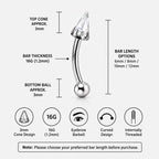 ASTM F136 Titanium Crystal Spike Eyebrow Ring, 16G Curved Barbell, CZ Cone Spike Brow Piercing Jewelry, Gothic Rook Vertical Labret