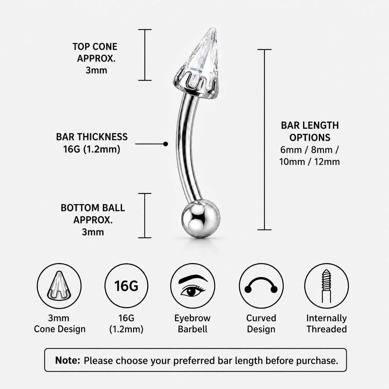 ASTM F136 Titanium Crystal Spike Eyebrow Ring, 16G Curved Barbell, CZ Cone Spike Brow Piercing Jewelry, Gothic Rook Vertical Labret