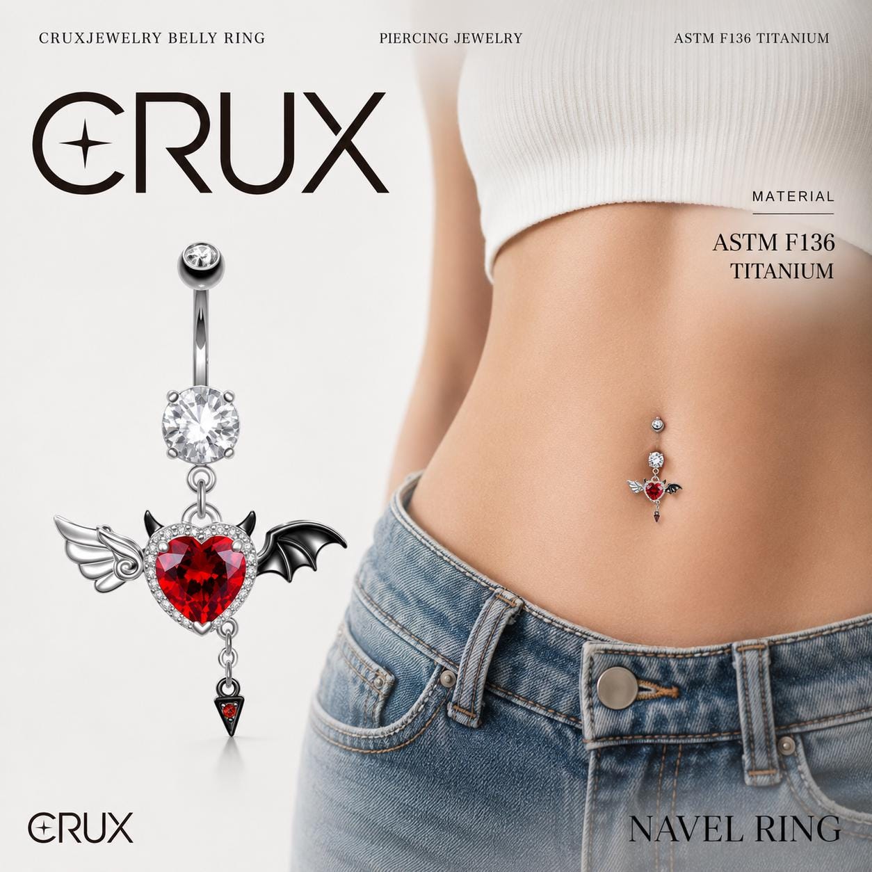 ASTM F136 Titanium Angel Devil Heart Belly Button Ring｜14G Navel Piercing｜Red CZ Winged Navel Ring｜Implant Grade Titanium Jewelry