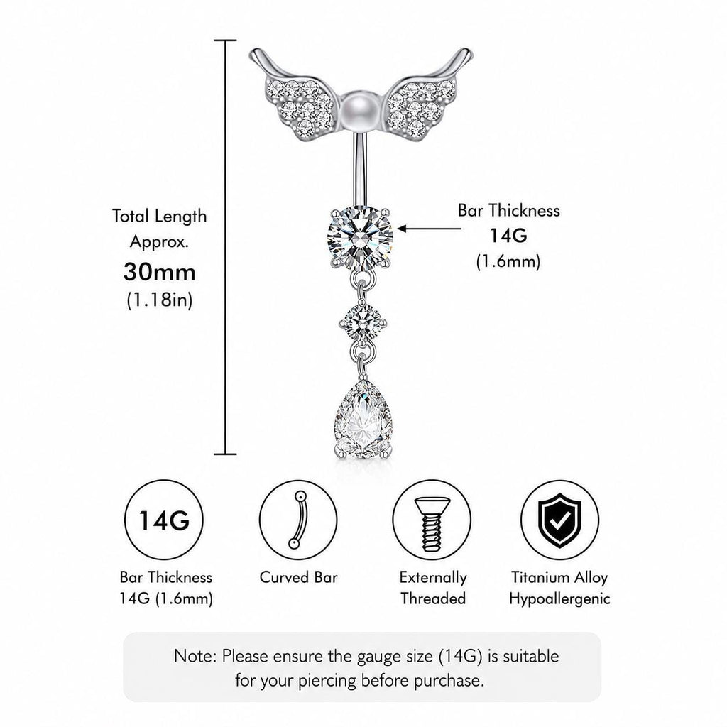 ASTM F136 Titanium Angel Wing Belly Button Ring｜14G Navel Piercing｜Dangle CZ Navel Ring｜Implant Grade Titanium Jewelry