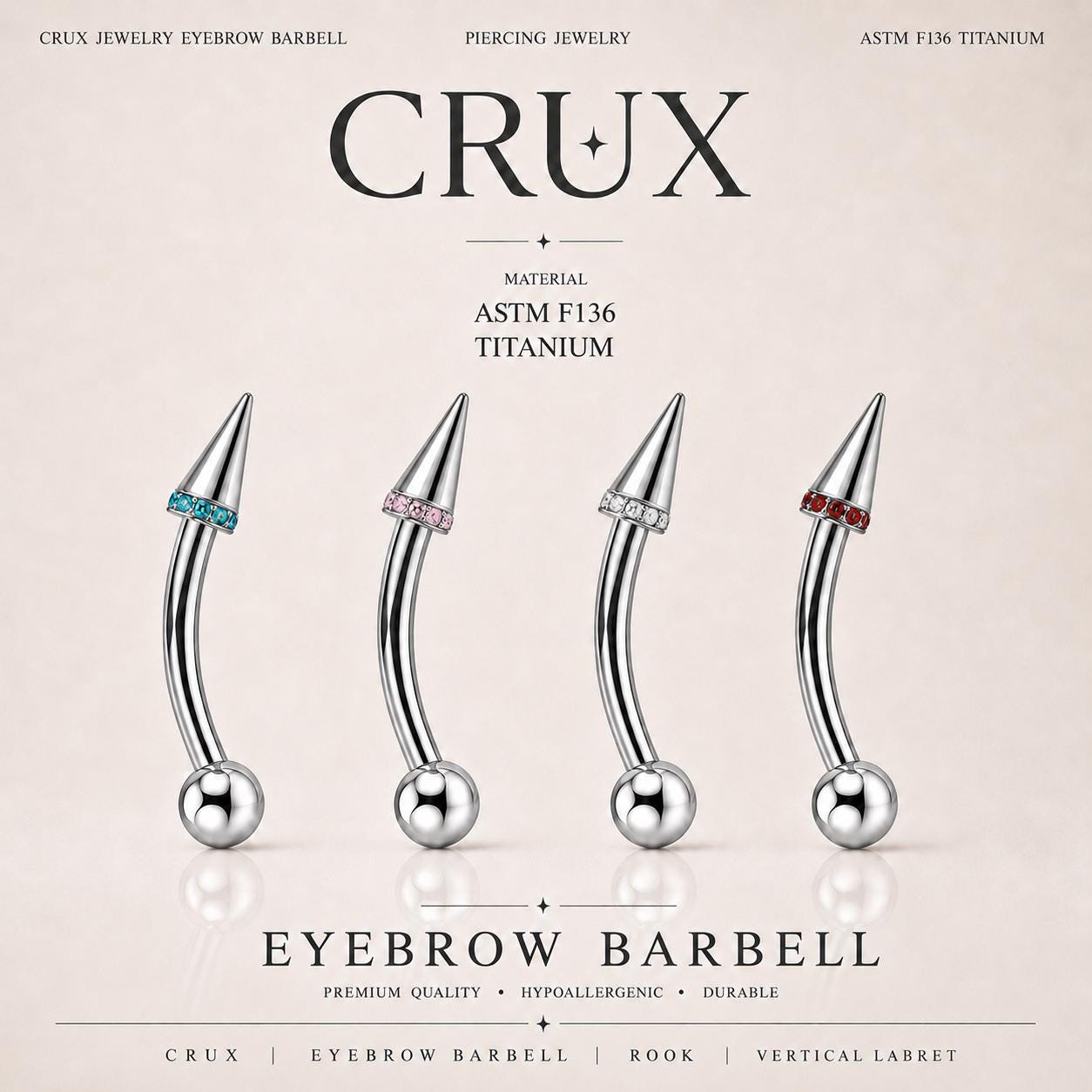 ASTM F136 Titanium Spike Eyebrow Ring, 16G Curved Barbell, CZ Paved Cone Brow Piercing Jewelry, Rook Vertical Labret