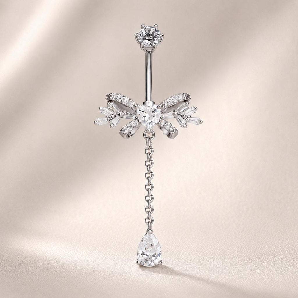 ASTM F136 Titanium Bowknot Belly Button Ring｜14G Navel Piercing｜Dangle Teardrop CZ Navel Ring｜Implant Grade Titanium Jewelry