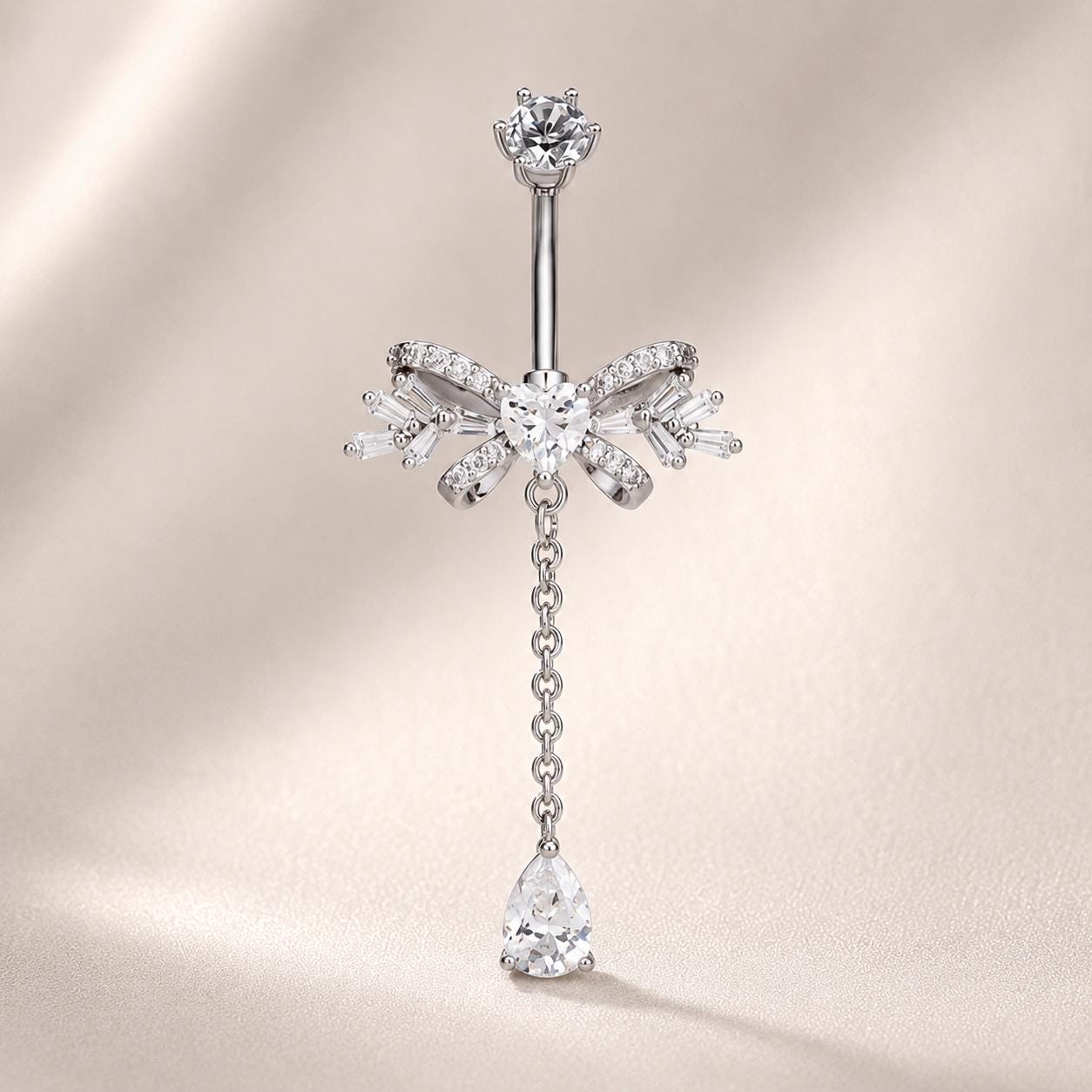ASTM F136 Titanium Bowknot Belly Button Ring｜14G Navel Piercing｜Dangle Teardrop CZ Navel Ring｜Implant Grade Titanium Jewelry