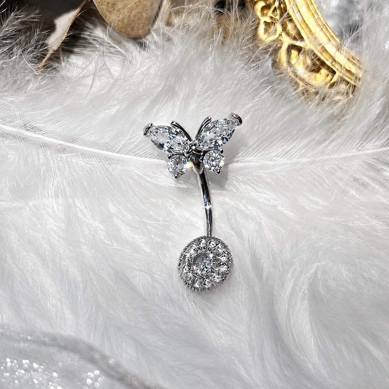 F136 Titanium Butterfly Belly Button Ring ｜ 14G Navel Piercing ｜ CZ Butterfly Navel Ring ｜ Externally Threaded ｜ Gift for Her
