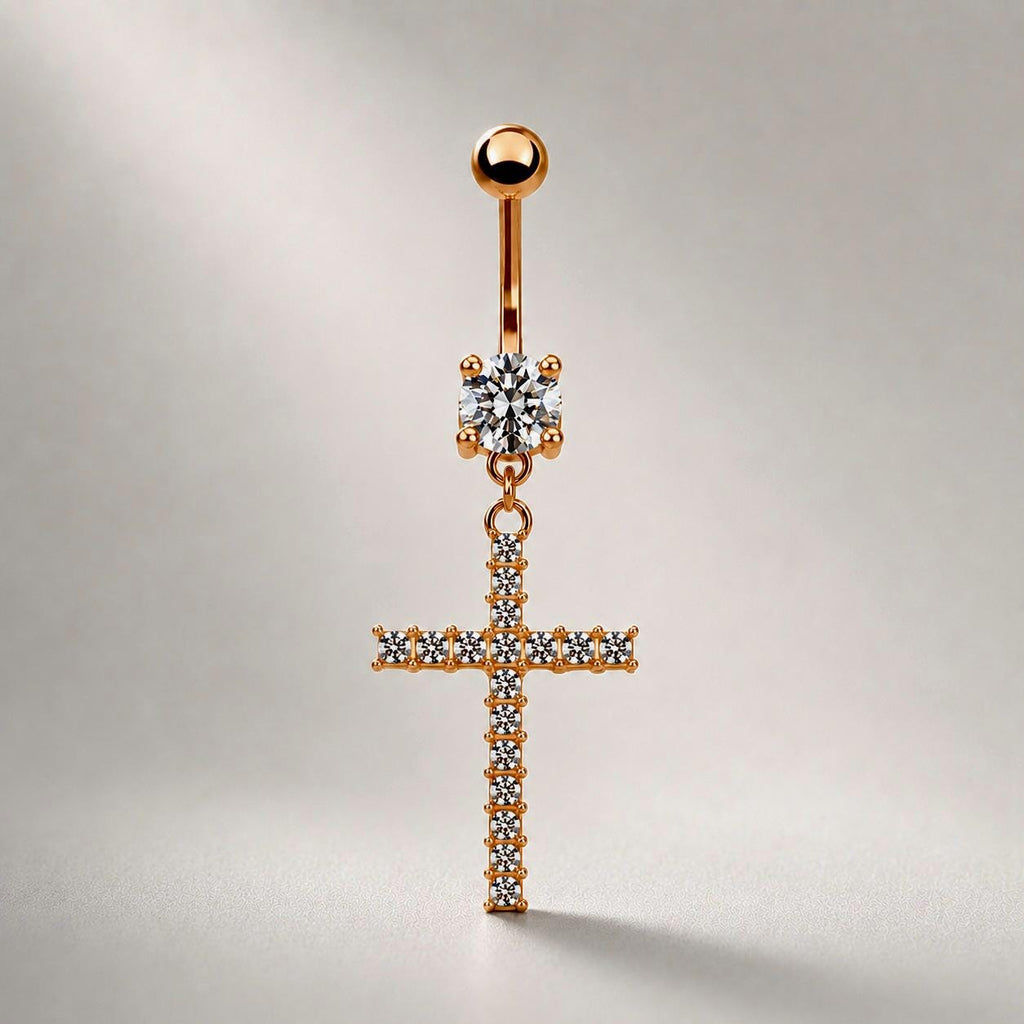 F136 Titanium Cross Belly Button Ring ｜ 14G Navel Piercing ｜ CZ Dangle Navel Ring ｜ Externally Threaded ｜ Gothic Jewelry