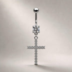F136 Titanium Cross Belly Button Ring ｜ 14G Navel Piercing ｜ CZ Dangle Navel Ring ｜ Externally Threaded ｜ Gothic Jewelry