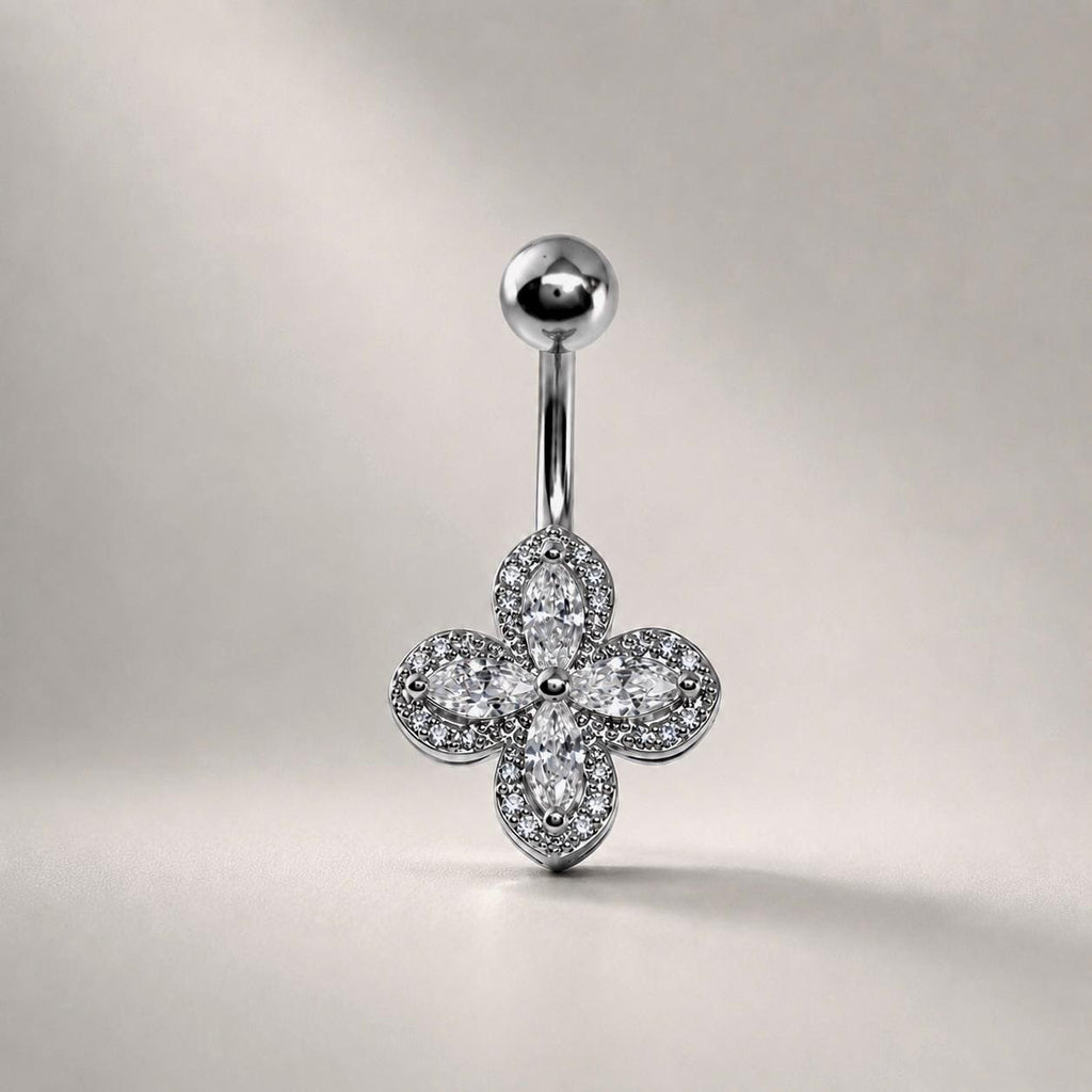 ASTM F136 Titanium Floral Belly Button Ring｜14G Navel Piercing｜CZ Crystal Flower Navel Jewelry｜Externally Threaded｜Gift for Her