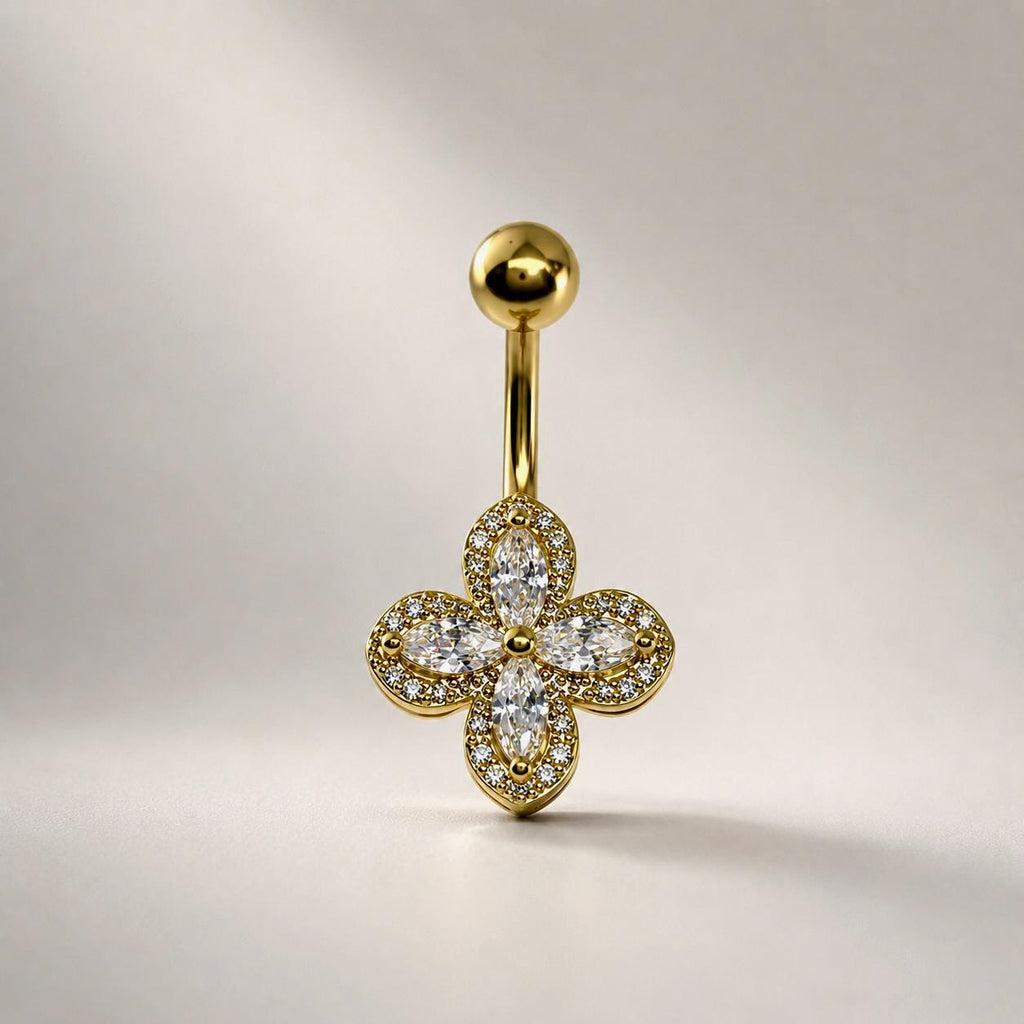 ASTM F136 Titanium Floral Belly Button Ring｜14G Navel Piercing｜CZ Crystal Flower Navel Jewelry｜Externally Threaded｜Gift for Her