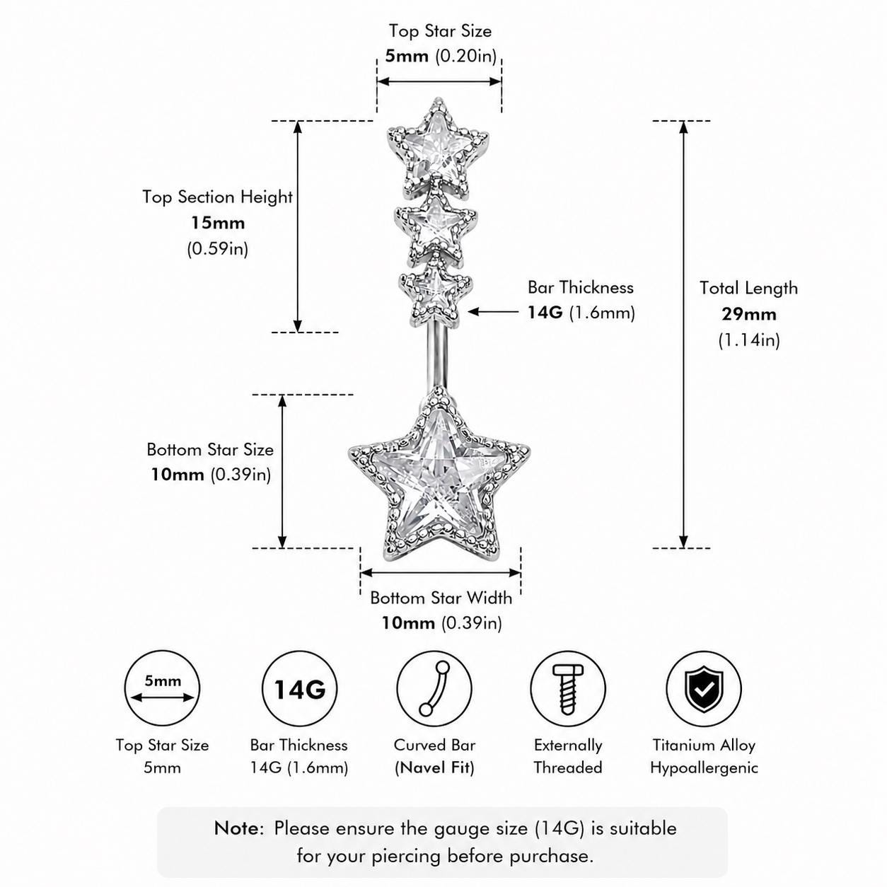 ASTM F136 Titanium Star Belly Button Ring｜14G Navel Piercing｜CZ Star Dangle Navel Ring｜Externally Threaded｜Y2K Jewelry