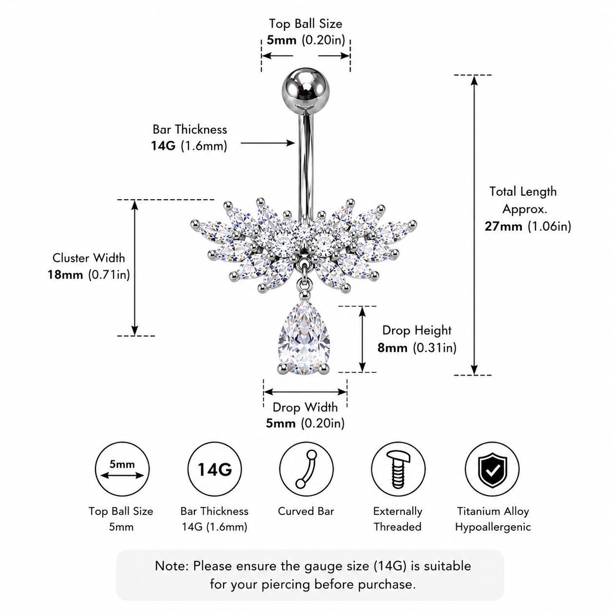 ASTM F136 Titanium CZ Butterfly Belly Ring｜14G Navel Piercing｜Sparkly Dangle Navel Jewelry｜Externally Threaded｜Fairycore Jewelry