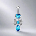 ASTM F136 Titanium Heart Bow Belly Button Ring｜14G Navel Piercing｜CZ Bow Dangle Navel Ring｜Externally Threaded｜Gift For Her