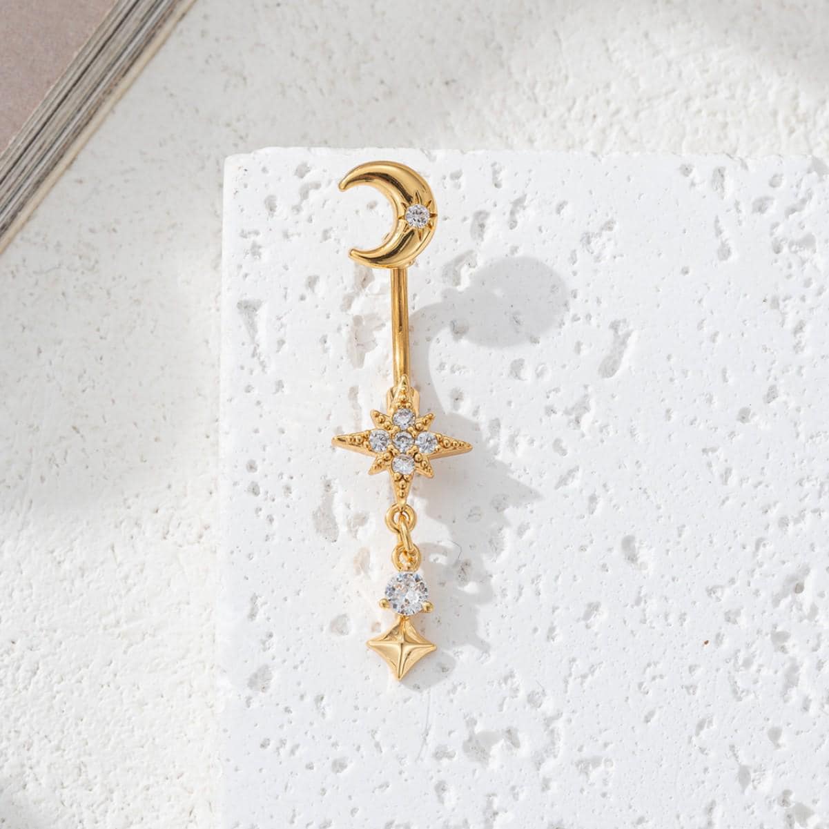 ASTM F136 Titanium Moon Star Belly Button Ring｜14G Navel Piercing｜CZ Celestial Dangle Navel Ring｜Externally Threaded｜Gothic Jewelry