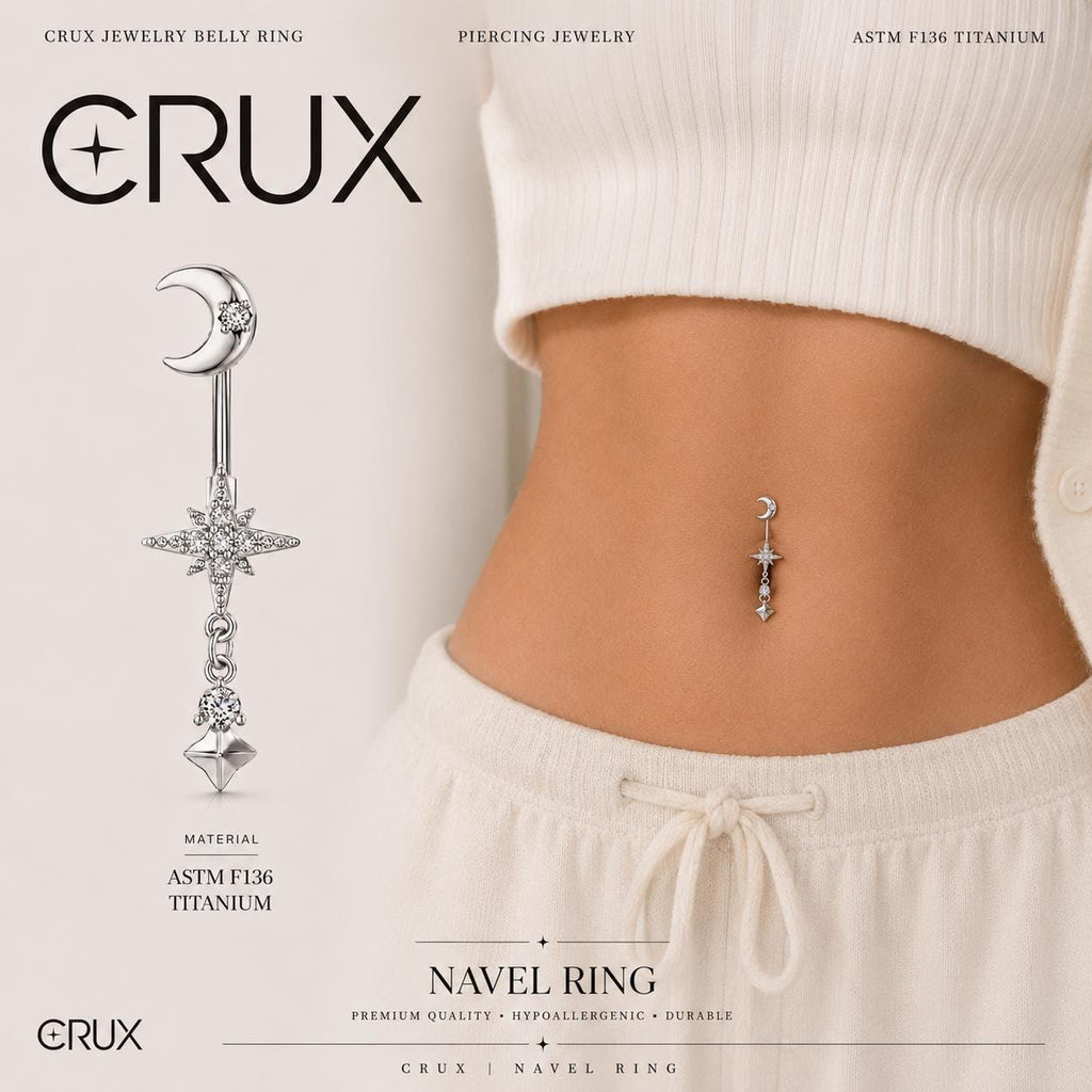ASTM F136 Titanium Moon Star Belly Button Ring｜14G Navel Piercing｜CZ Celestial Dangle Navel Ring｜Externally Threaded｜Gothic Jewelry