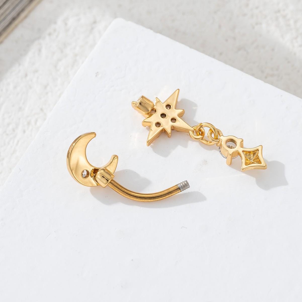 ASTM F136 Titanium Moon Star Belly Button Ring｜14G Navel Piercing｜CZ Celestial Dangle Navel Ring｜Externally Threaded｜Gothic Jewelry