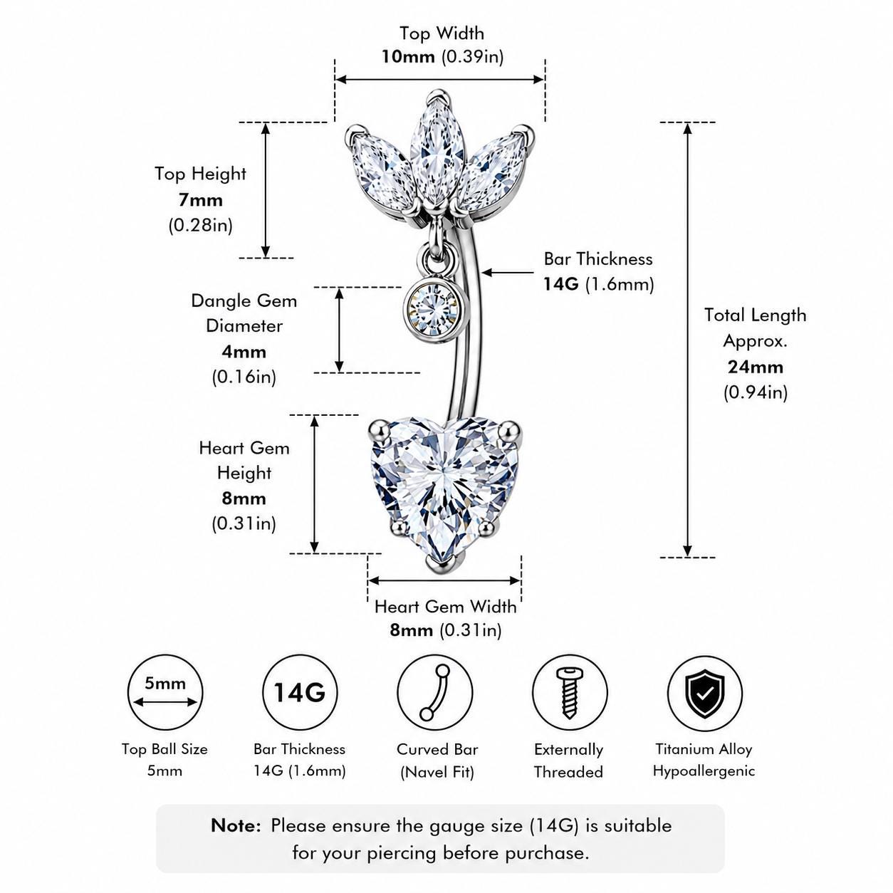 ASTM F136 Titanium Leaf Dangle Belly Ring｜14G Navel Piercing｜CZ Heart Crystal Navel Jewelry｜Externally Threaded｜Gift for Her