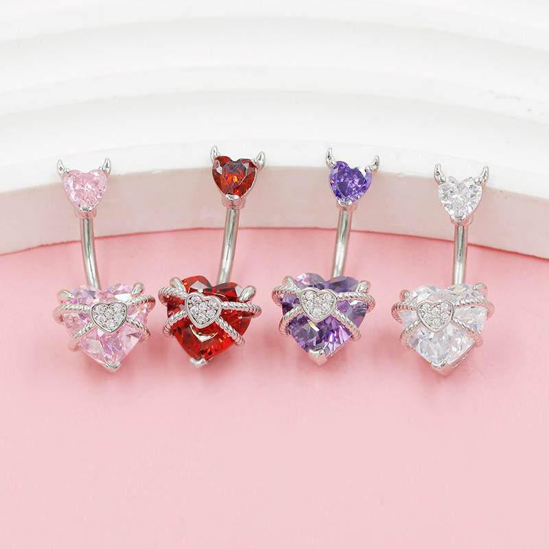 ASTM F136 Titanium Heart Belly Button Ring｜14G Navel Piercing｜Devil Horn CZ Belly Ring｜Externally Threaded