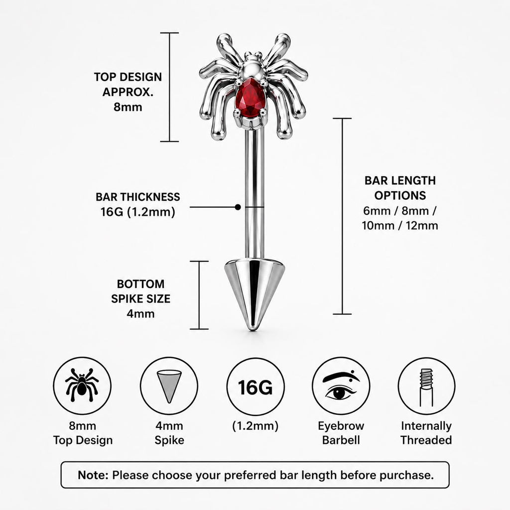ASTM F136 Titanium Spider Eyebrow Ring, 16G Curved Barbell, Red Gem Spider Brow Piercing Jewelry, Gothic Rook Vertical Labret