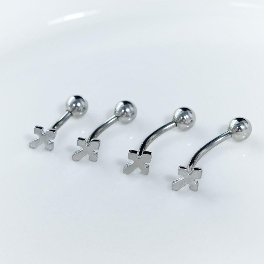 ASTM F136 Titanium Cross Eyebrow Ring, 16G Curved Barbell, Silver Cross Dangle Brow Piercing Jewelry, Gothic Rook Vertical Labret