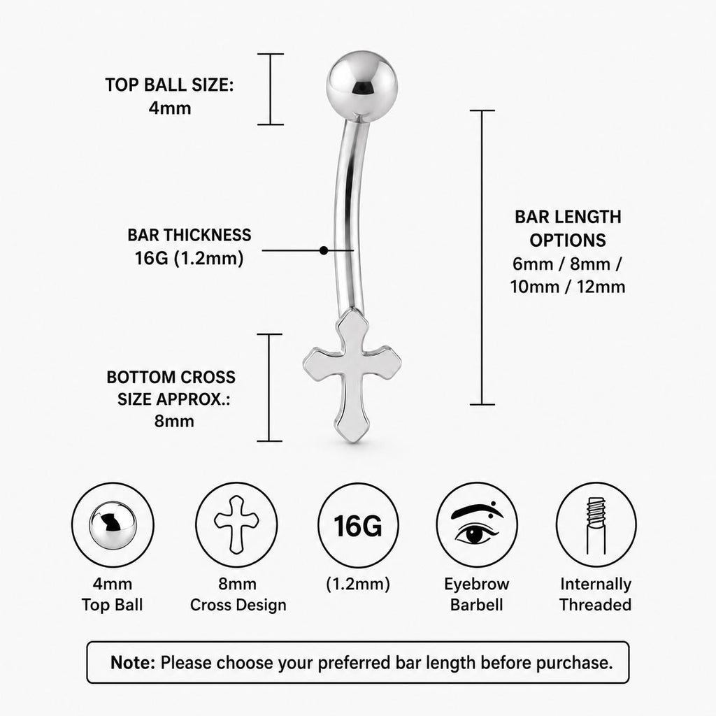 ASTM F136 Titanium Cross Eyebrow Ring, 16G Curved Barbell, Silver Cross Dangle Brow Piercing Jewelry, Gothic Rook Vertical Labret