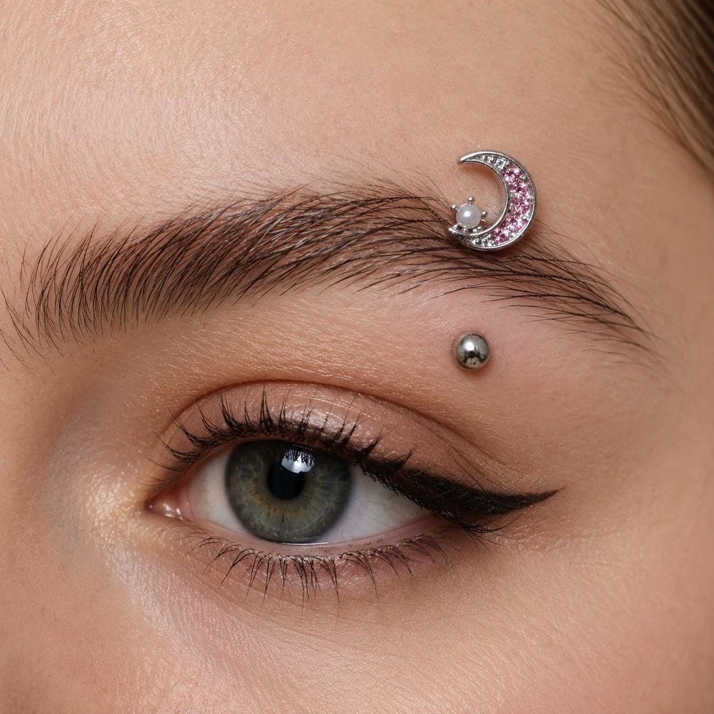 ASTM F136 Titanium Moon Pearl Eyebrow Ring, 16G Straight Barbell, Pink CZ Crescent Brow Piercing Jewelry, Rook Vertical Labret